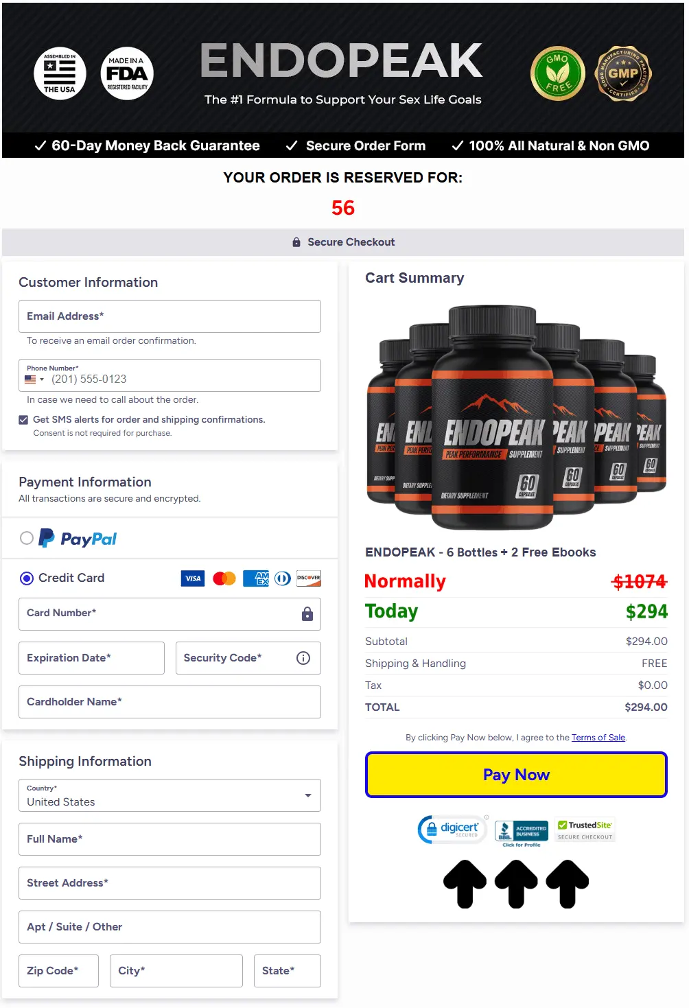 EndoPeak secure checkout page for ordering the supplement online