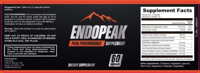 EndoPeak supplement label showing ingredients and usage information